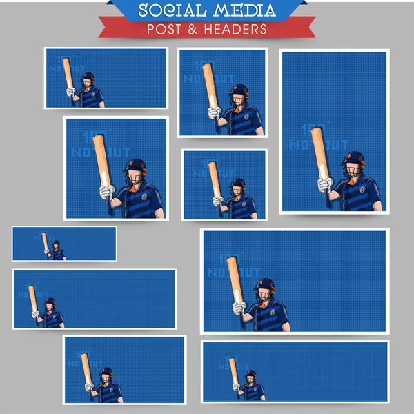 Social Media Post Header Design Set Doodle Cricket Batter Player — Stockový vektor