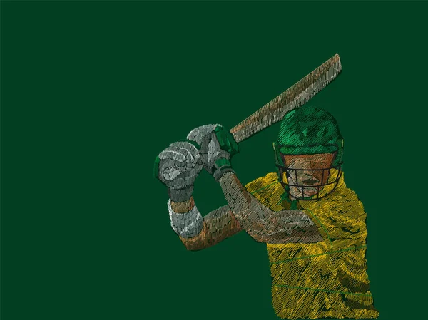 緑の背景にラインパターンでポーズを再生する南アフリカクリケットバッター — ストックベクタ