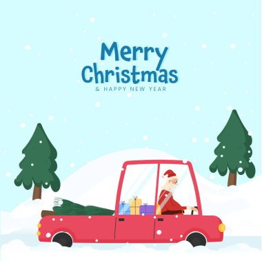 Mutlu Noeller ve yeni yıl kavramı Noel Baba 'nın hediye kutularıyla dolu kamyoneti ve kar yağışlı mavi arka plandaki Xmas ağacıyla.