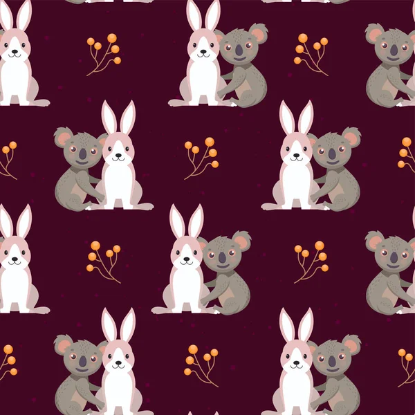 具有考拉动物区系和浆果区系背景的无重复卡通兔 — 图库矢量图片