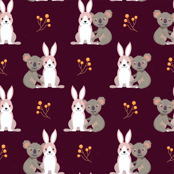 Lapin Bande Dessinée Sans Répétition Avec Motif Branche Animaux Baies — Image vectorielle