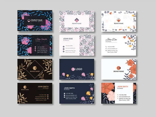 Conjunto Diseño Plantilla Tarjeta Visita Floral Sobre Fondo Gris — Archivo Imágenes Vectoriales