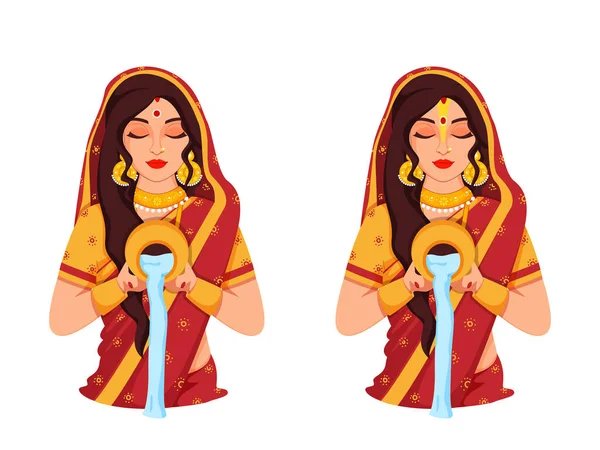 Krásná Indická Mladá Žena Modlitba Nabídka Vodě Dvou Možnostech — Stockový vektor