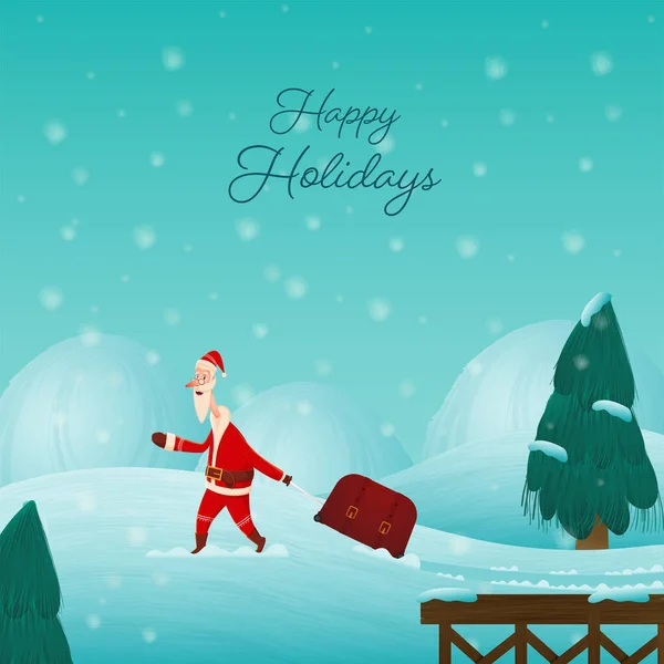 Happy Holidays Poster Design Santa Claus Carrying Luggage Bag Tree — 스톡 벡터