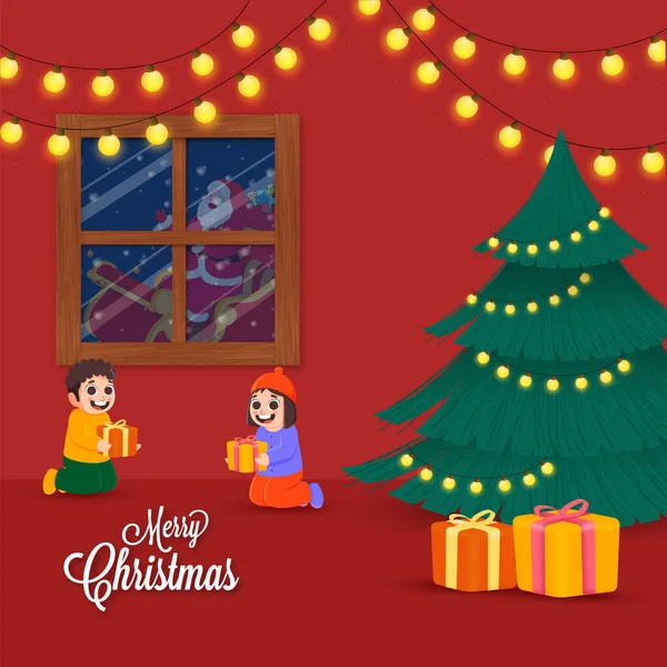 快乐的孩子们带着礼品盒 圣诞树和红色背景下的彩灯的圣诞快乐概念 — 图库矢量图片