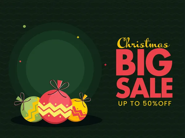 Χριστούγεννα Big Sale Poster Σχεδιασμός Έκπτωση Προσφορά Και Baubles Πράσινο — Διανυσματικό Αρχείο
