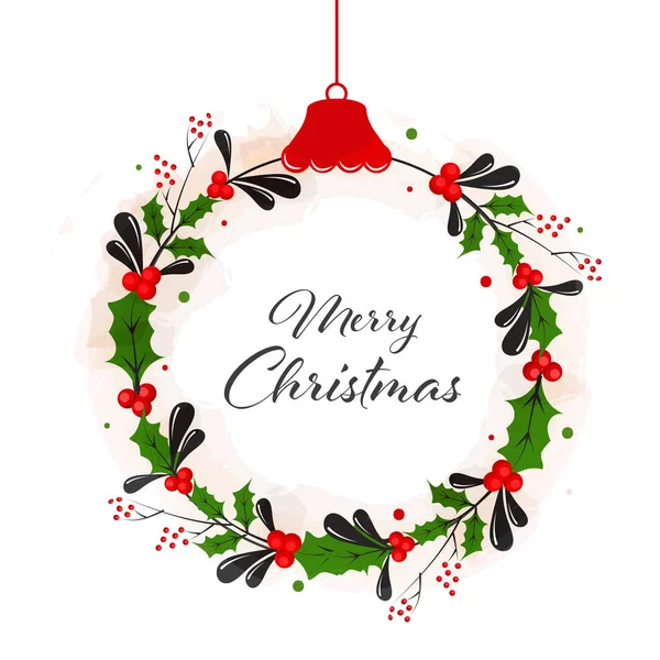Merry Christmas Font Hanging Bauble Made Holly Berries White Background — 스톡 벡터