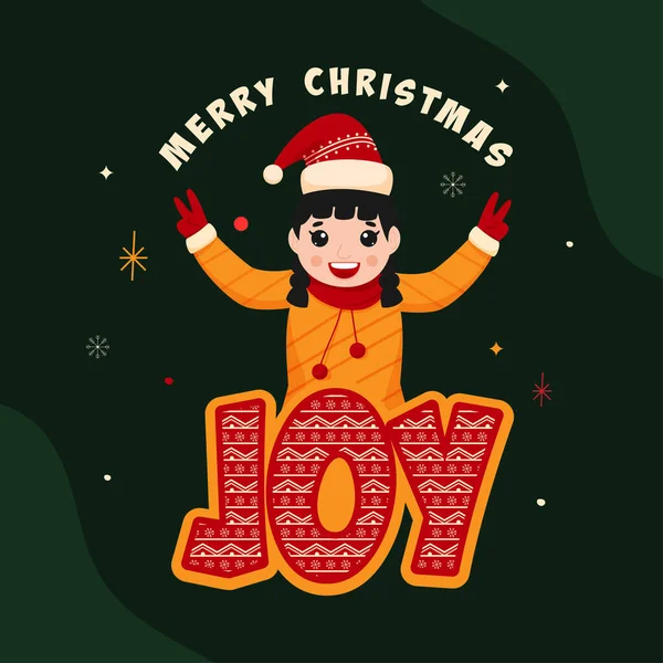 圣诞快乐概念的绿色背景下的带快乐女孩角色的更贴切的快乐字体 — 图库矢量图片