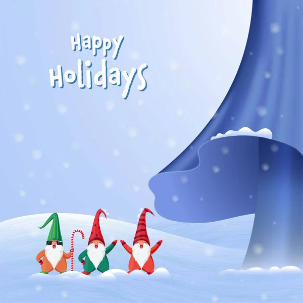 快乐假日海报的设计与快乐卡通在蓝色降雪背景下的语汇 — 图库矢量图片