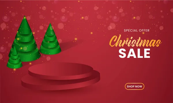 Рождественская Распродажа Дизайн Баннера Зеленый Елка Пустой Этап Красный Свет — стоковый вектор