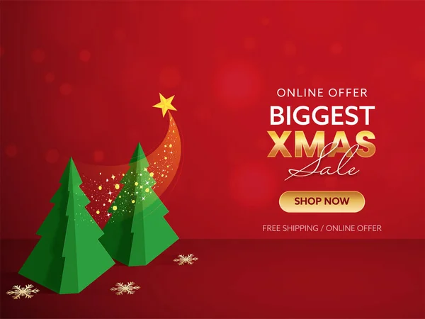 大型圣诞海报设计绿纸圣诞树 红色背景下的金色雪花 — 图库矢量图片