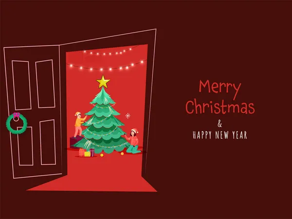 暗い赤の背景にインテリアビューでクリスマスツリーを飾る子供たちとメリークリスマスと新年のコンセプト — ストックベクタ