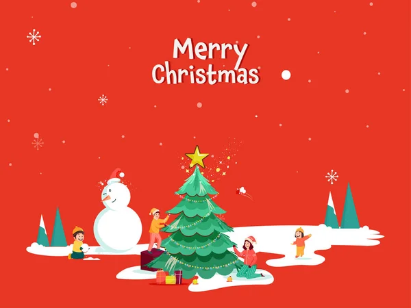 Frohe Weihnachten Poster Design Mit Dekorativen Weihnachtsbaum Fröhliche Kinder Cartoon — Stockvektor