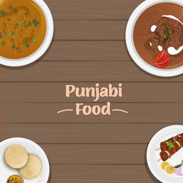 Top Pohled Punjabi Potravin Nebo Pokrmů Hnědém Dřevěném Pozadí — Stockový vektor
