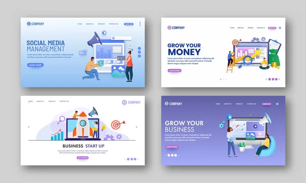 ビジネスのスタートアップ 成長と管理のためのヒーローイメージまたはランディングページのセット — ストックベクタ