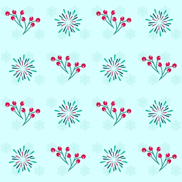 ベリーや花火で飾られたブルースノーフレークパターンの背景 — ストックベクタ