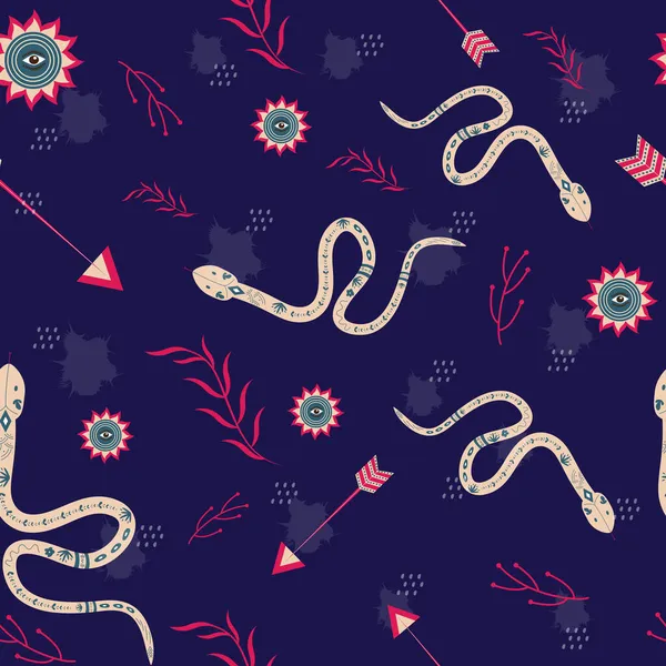 Boho Stil Nahtlose Muster Hintergrund Der Schlangen Mit Augen Mandala — Stockvektor
