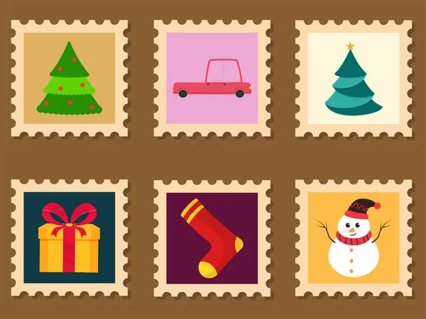 Christmas Stamps Collection Brown Background — 스톡 벡터