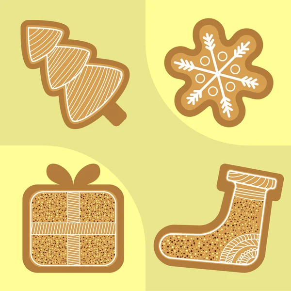 Lebkuchenform Als Weihnachtsbaum Schneeflocke Geschenkbox Socken Auf Gelbem Hintergrund — Stockvektor