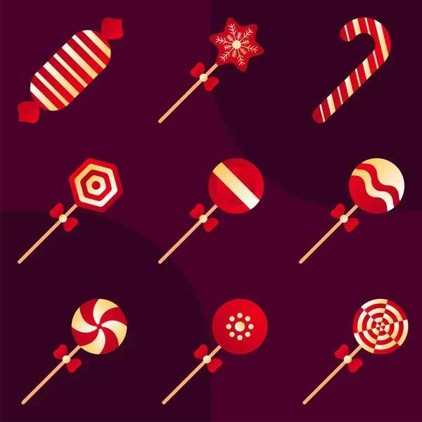 Diferentes Tipos Caramelo Piruleta Sobre Fondo Púrpura — Vector de stock