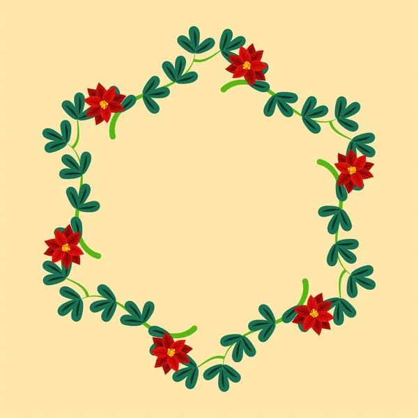 Порожня Рамка Зірки Зроблена Зеленим Листям Poinsettia Квіти Пастельному Помаранчевому — стоковий вектор