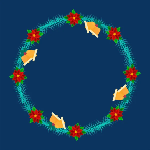 Kreisförmiger Rahmen Aus Weihnachtsstern Glöckchen Stechpalmen Und Tannenblättern Auf Blauem — Stockvektor