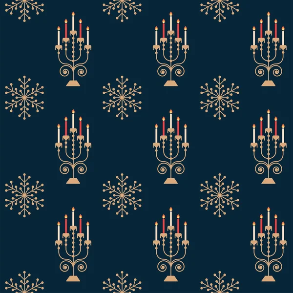 Repeat Less Candelabra Gouden Sneeuwvlok Blauwe Achtergrond — Stockvector