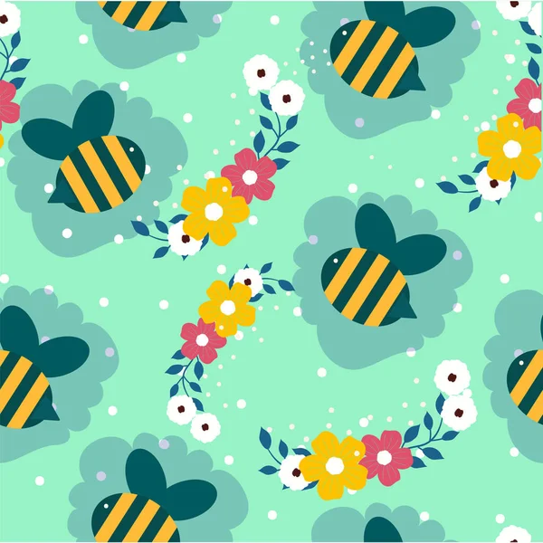 Τυρκουάζ Φόντο Διακοσμημένο Floral Και Bee Εικονογράφηση — Διανυσματικό Αρχείο