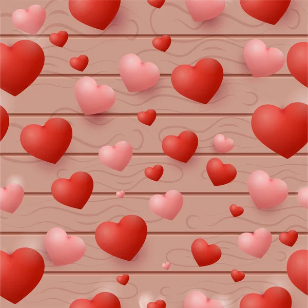 Glossy Red Hearts Decorated Wooden Texture Background — Stock Vector