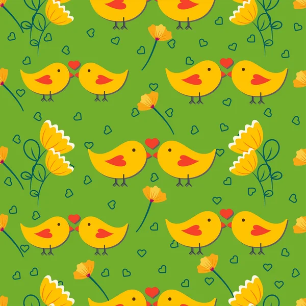 緑の背景に飾られた花とラインアートの心を持つ漫画のキス鳥 — ストックベクタ