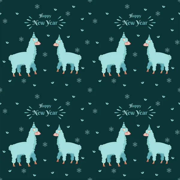 卡通羊夫妇与新年快乐字体搭配的绿色雪花图案背景 — 图库矢量图片