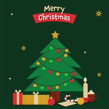 Mutlu Noel Posteri Tasarımı Dekoratif Xmas Ağacı, Hediye Kutuları, Şeker Çubuğu, Zarf ve Yeşil Arkaplandaki Işık Mumları.