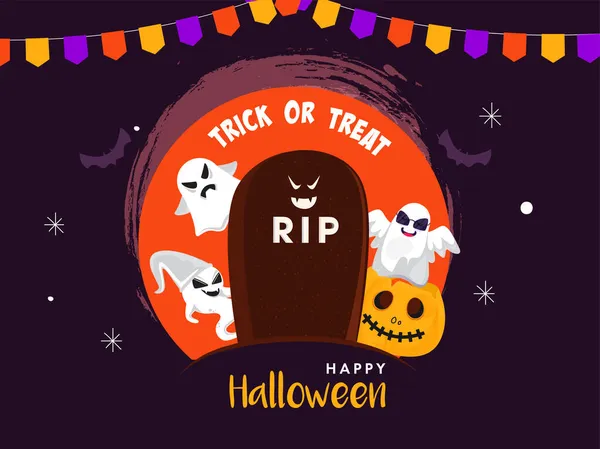 Trick Treat Happy Halloween Concept Страшними Гарбузами Смішними Привидами Rip — стоковий вектор