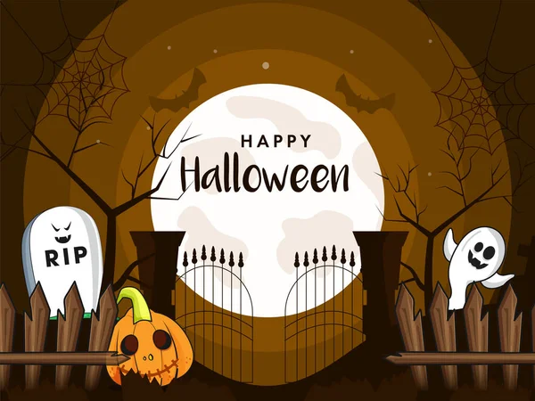 Счастливый Хэллоуин Страшной Тыквой Смешным Призраком Кладбище Полнолуние Фоне Леса — стоковый вектор