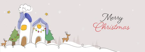 メリークリスマスバナーまたはドードルスタイルのヘッダーデザイン2つの家 トナカイとベージュの背景にクリスマスツリー — ストックベクタ