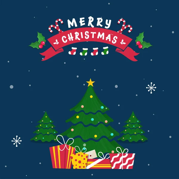 Frohe Weihnachten Poster Design Mit Dekorativen Weihnachtsbäumen Geschenkboxen Zuckerstangen Auf — Stockvektor