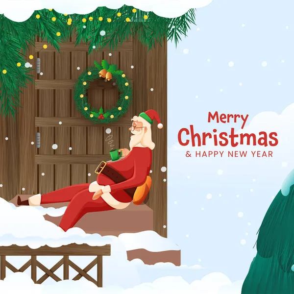 Santa Claus Relaxing Hot Drink Stair Entrance Door Decorated Wreath — 스톡 벡터