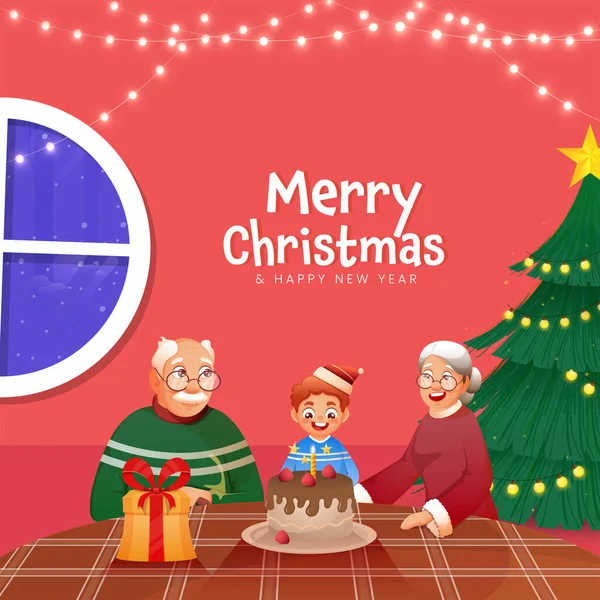 陽気な少年と彼の祖父母はメリークリスマスと新年のための赤い背景においしいケーキを祝います — ストックベクタ