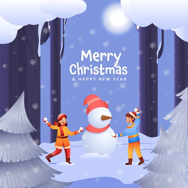 青い雪の上でボール 雪だるま クリスマスツリーで遊ぶ陽気な子供のイラストメリークリスマスと新年のための背景 — ストックベクタ
