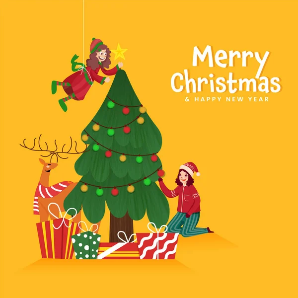 Buon Natale Capodanno Poster Design Con Allegre Ragazze Decorate Albero — Vettoriale Stock