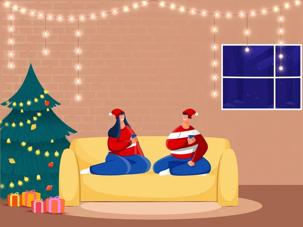 Cartoon Young Couple Enjoying Drinks Sofa Gift Boxes Decorative Xmas — 스톡 벡터