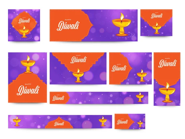 Happy Diwali Social Media Template Collection Avec Lampes Huile Diya — Image vectorielle