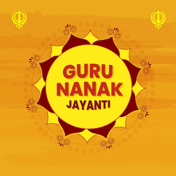 stock vector Guru Nanak Jayanti Font And Khanda (Sikh Symbol) On Floral Or Mandala Pattern Yellow Brush Texture Background.