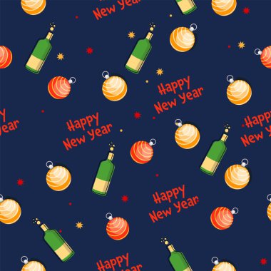 Tekrar Etmeyen Mutlu Yıllar Yazı Tipi Parlak Mücevherler ve Mavi Arkaplanda Şampanya Şişeleri.