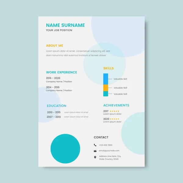 Diseño Plantilla Editable Curriculum Vitae Color Blanco Azul — Archivo Imágenes Vectoriales