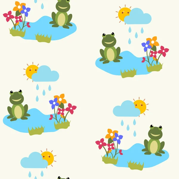 Cartoon Frog Flowers Sun Rain Clouds Beige Background — 스톡 벡터