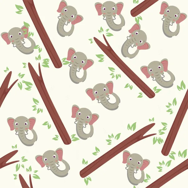 Seamless Pattern Cartoon Elephant Face Tree Branch Pastel Yellow Background — Stock Vector