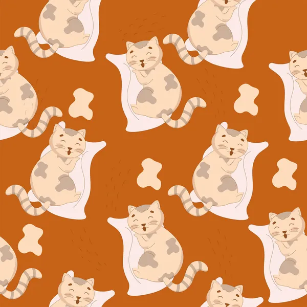 Gato Lindo Inconsútil Durmiendo Patrón Almohada Contra Fondo Naranja — Vector de stock