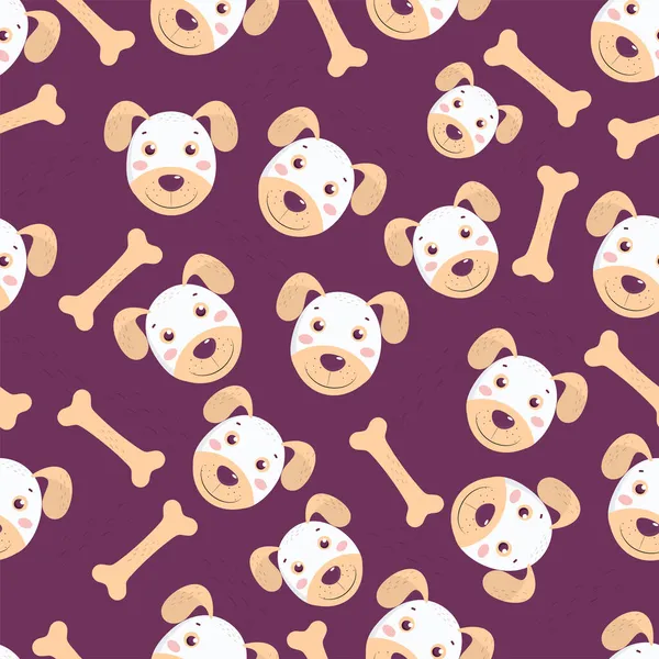 Seamless Pattern Cartoon Dog Face Bones Purple Background — Stock Vector