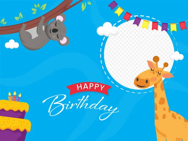 Happy Birthday Greeting Card Delicious Cake Cartoon Raccoon Giraffe Copy — Stock Vector